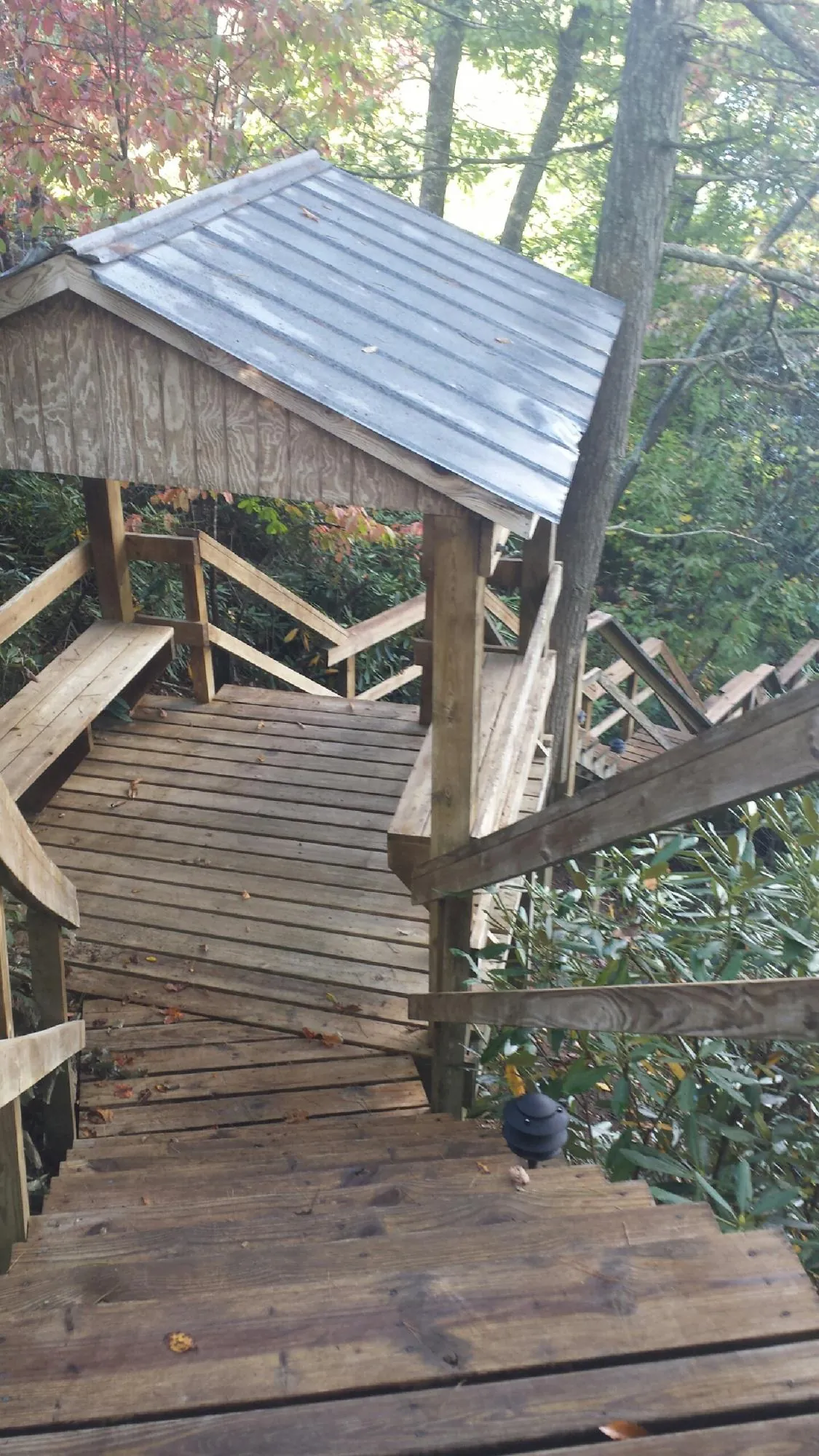 Metal roofed shelter over wooden steps on a wooded walkway — Skylight Repair & Installation work by our crew in Votaw